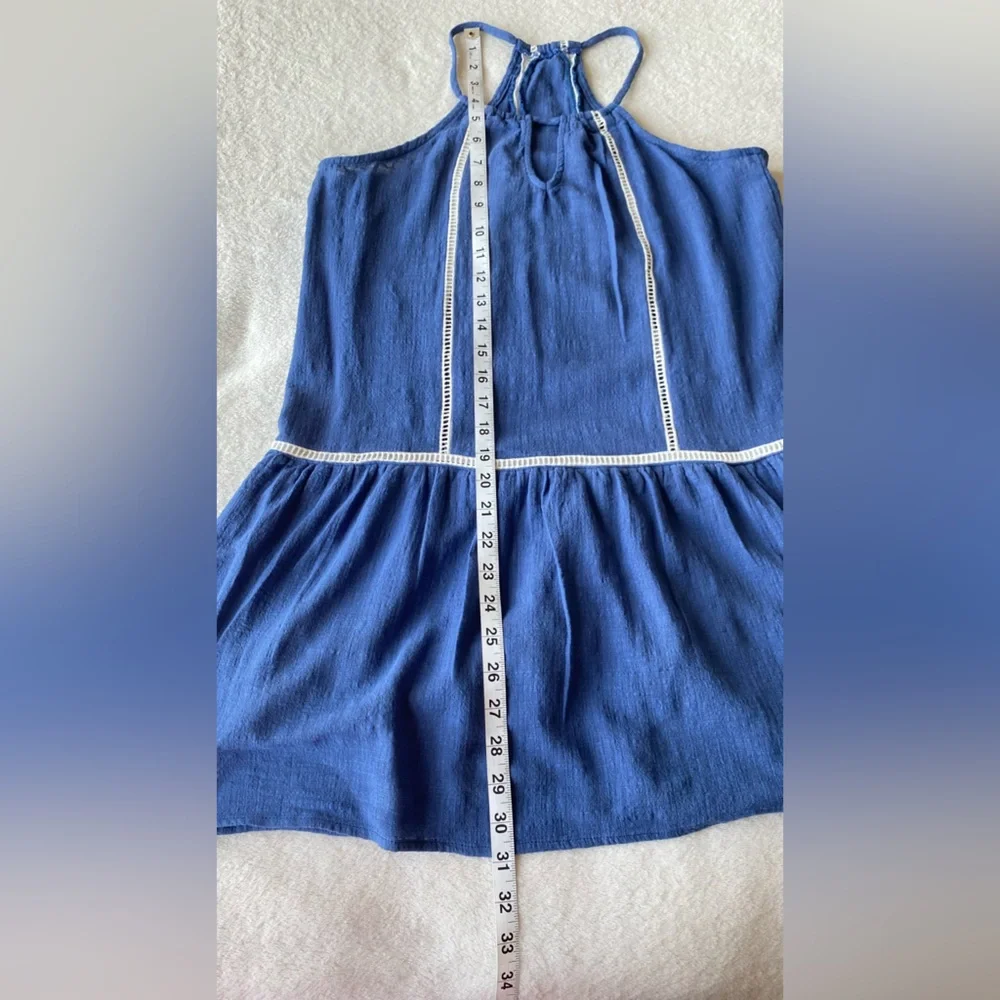SAGE the Label Blue Halter Mini Dress White Ric Rac Trim Keyhole Neck Small - Picture 10 of 12